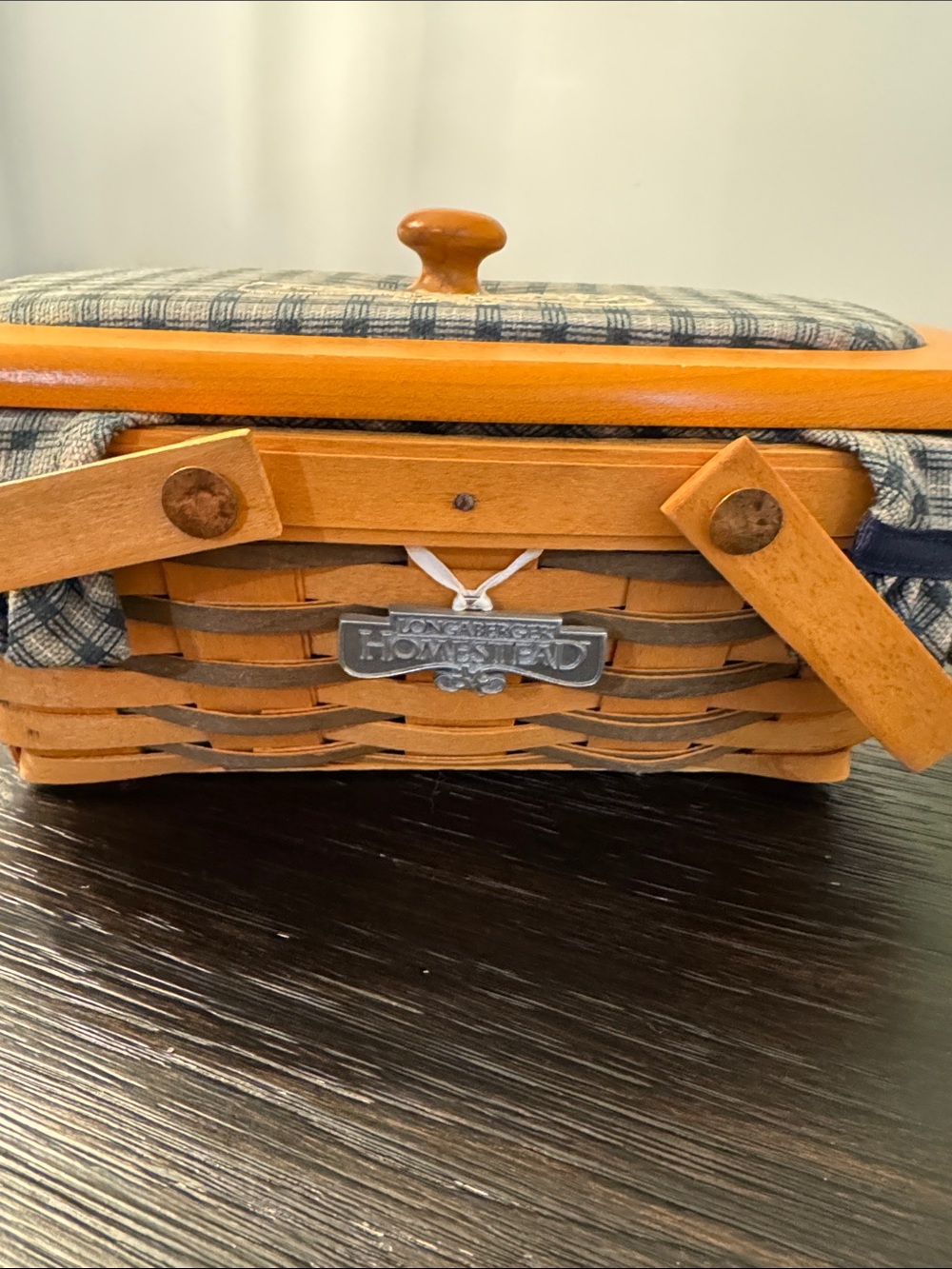 Longaberger Orange Wood Memory Basket with Blue Plaid Lid Signed